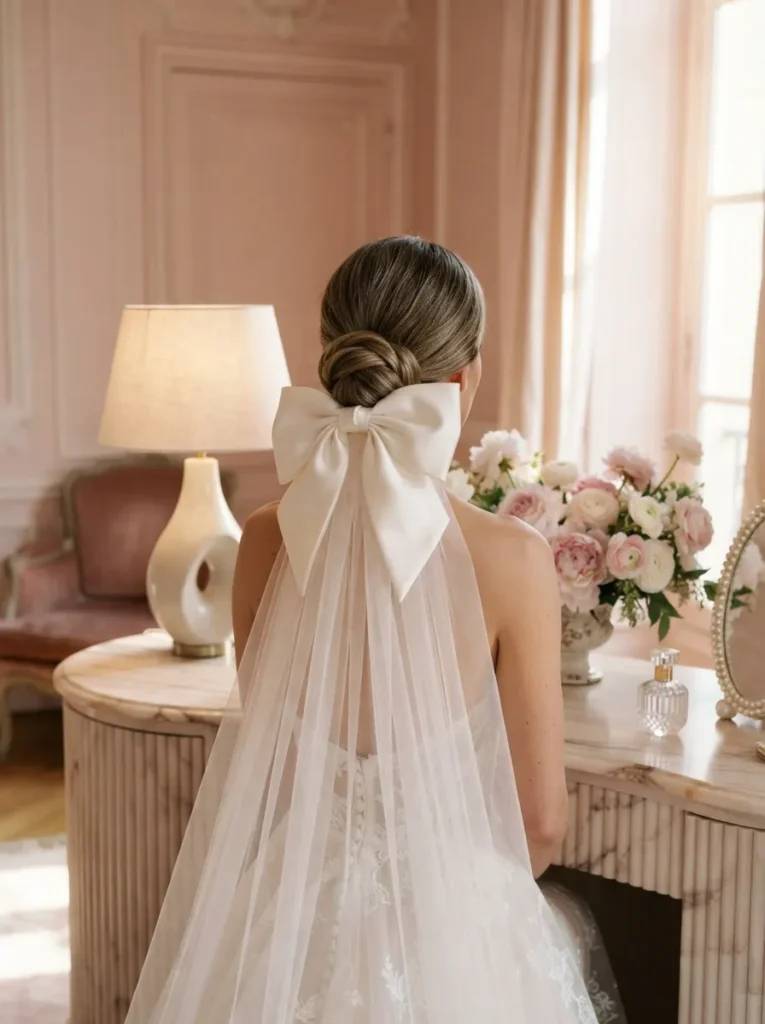 Low Chignon + Bow Veil