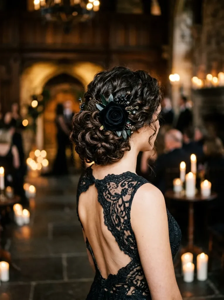 Curly Updo + Black Rose
